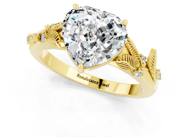 Yellow gold Heart Cut Moissanite Solitaire Ring with Leaf Motif Band and Four-Prong Setting