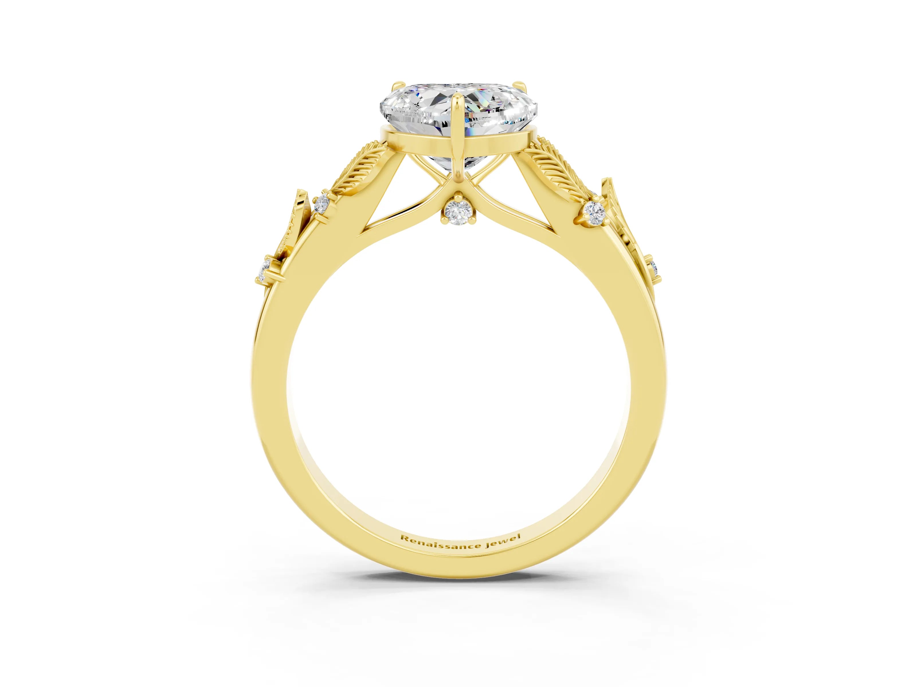 Yellow gold Heart Cut Moissanite Solitaire Ring with Leaf Motif Band and Four-Prong Setting_3