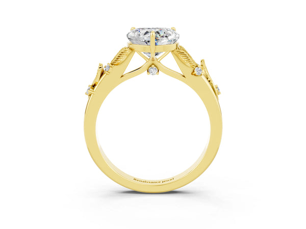 Yellow gold Heart Cut Moissanite Solitaire Ring with Leaf Motif Band and Four-Prong Setting