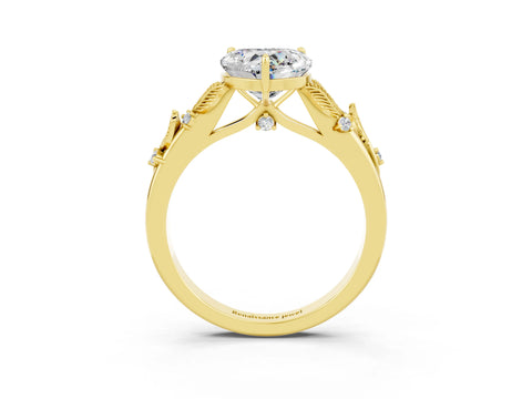 Yellow gold Heart Cut Moissanite Solitaire Ring with Leaf Motif Band and Four-Prong Setting_3