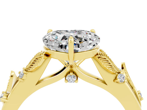 Yellow gold Heart Cut Moissanite Solitaire Ring with Leaf Motif Band and Four-Prong Setting_4