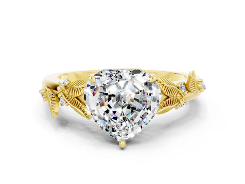 Yellow gold Heart Cut Moissanite Solitaire Ring with Leaf Motif Band and Four-Prong Setting