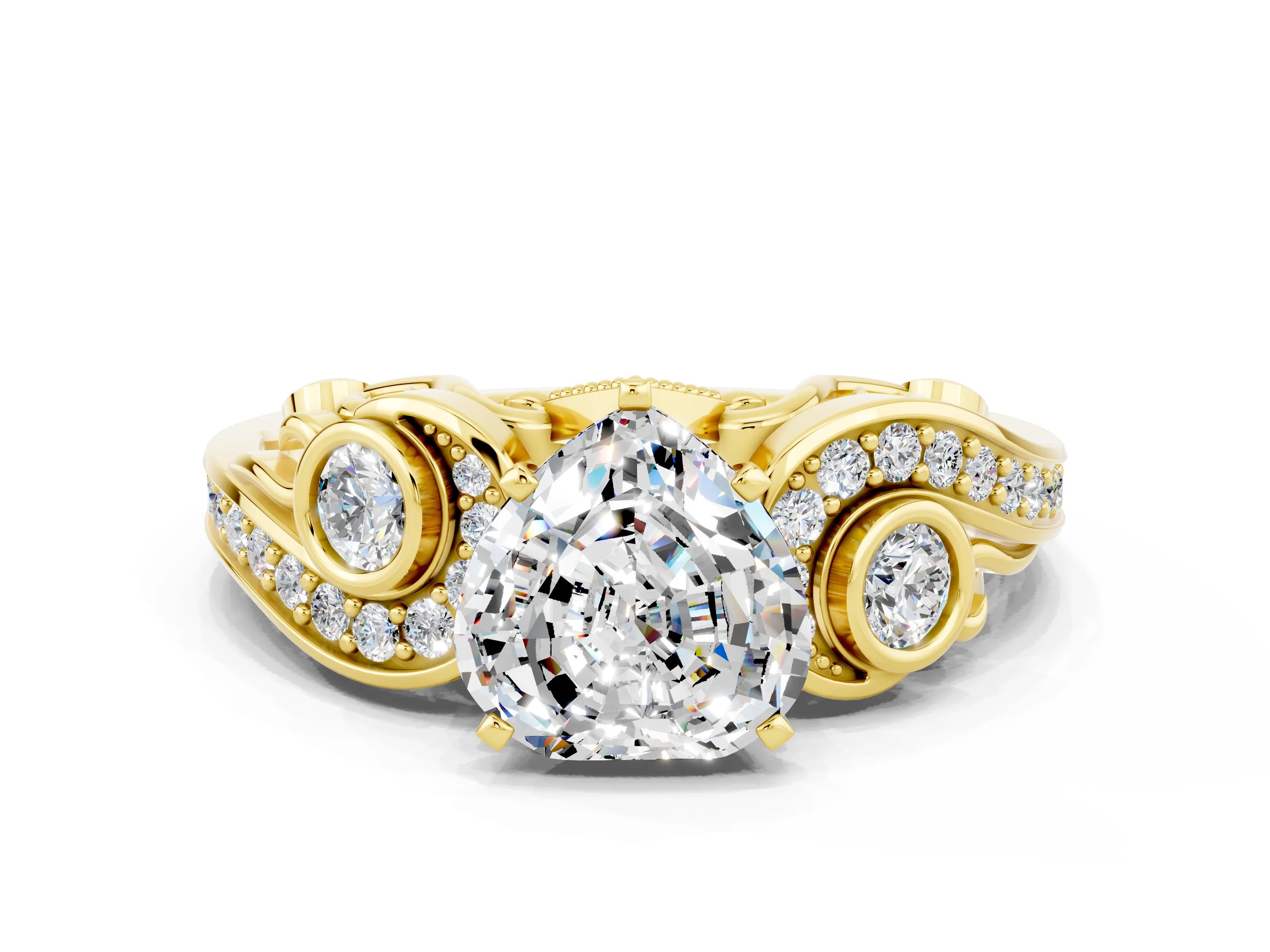 Yellow gold Heart Cut Moissanite Solitaire Ring with Milgrain Pavé Band and Four-Prong Setting_24