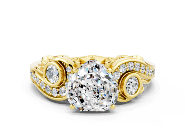 Yellow gold Heart Cut Moissanite Solitaire Ring with Milgrain Pavé Band and Four-Prong Setting
