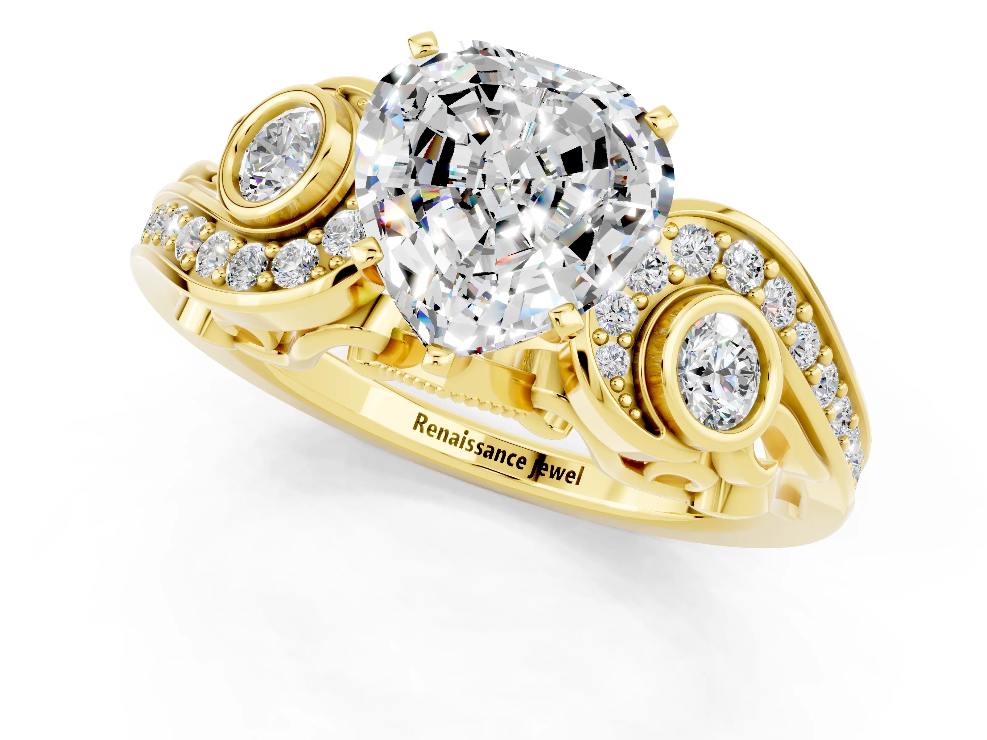 Yellow gold Heart Cut Moissanite Solitaire Ring with Milgrain Pavé Band and Four-Prong Setting_25