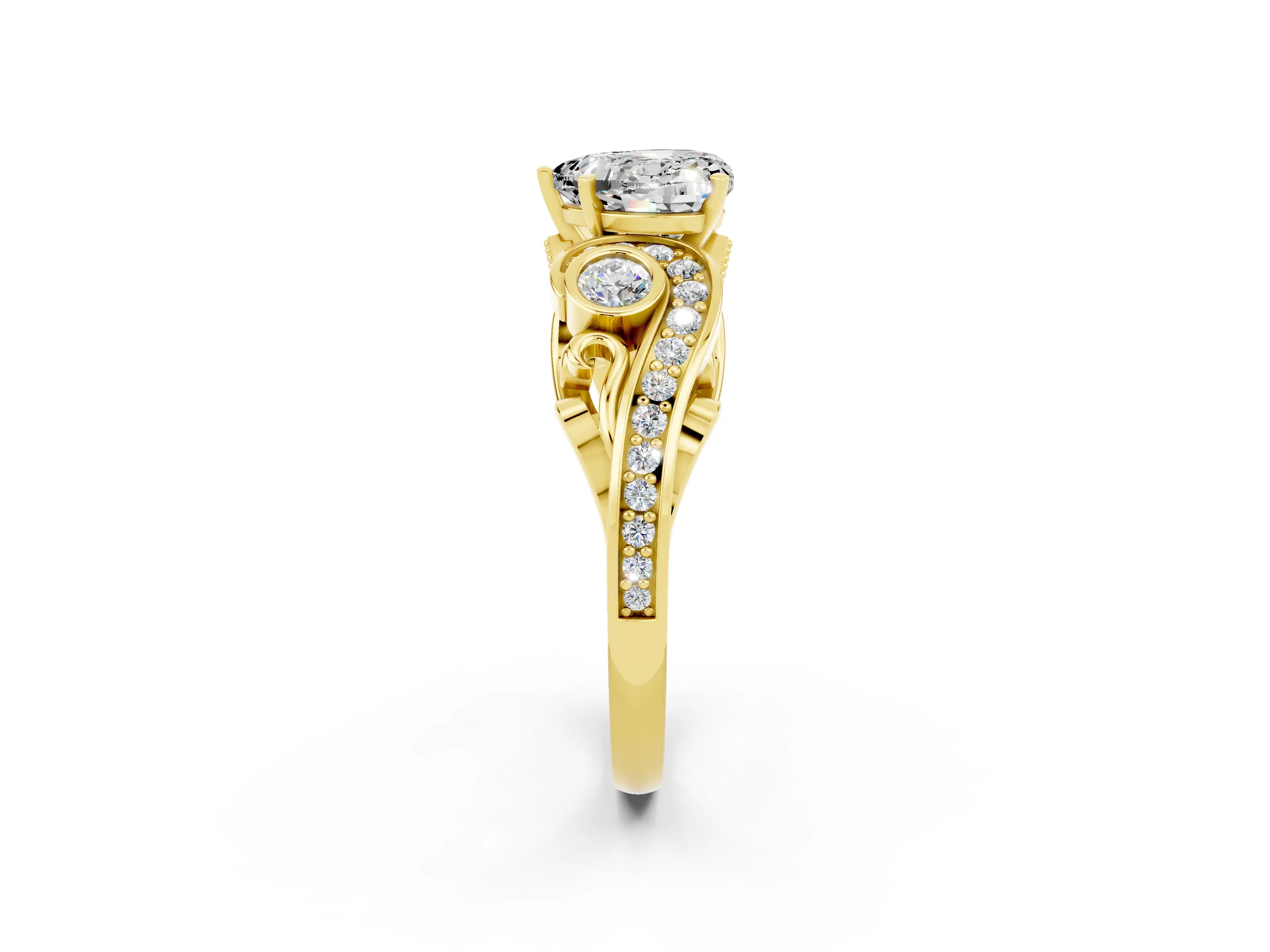 Yellow gold Heart Cut Moissanite Solitaire Ring with Milgrain Pavé Band and Four-Prong Setting_26