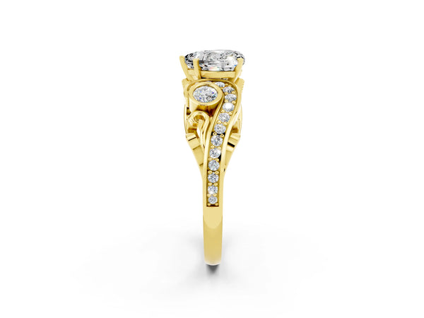 Yellow gold Heart Cut Moissanite Solitaire Ring with Milgrain Pavé Band and Four-Prong Setting