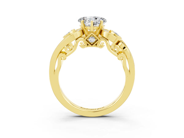 Yellow gold Heart Cut Moissanite Solitaire Ring with Milgrain Pavé Band and Four-Prong Setting