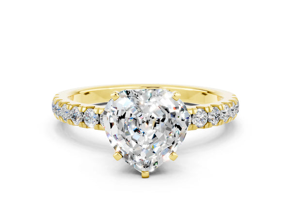 Yellow gold Heart Cut Moissanite Solitaire Ring with Pavé Accents and Four-Prong Setting