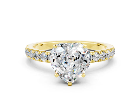 Yellow gold Heart Cut Moissanite Solitaire Ring with Pavé Accents and Four-Prong Setting