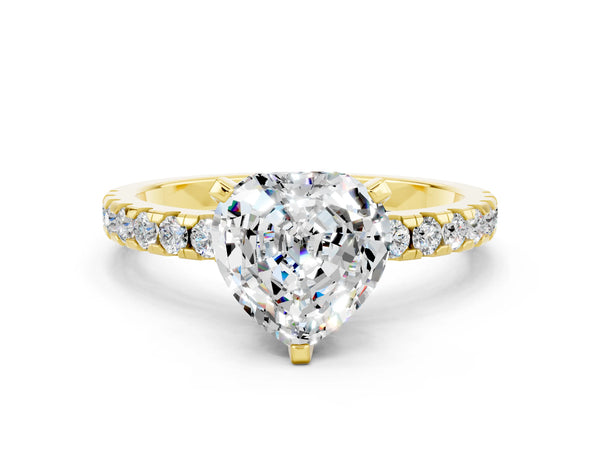 Yellow gold Heart Cut Moissanite Solitaire Ring with Round  Pavé Band and Four-Prong Setting