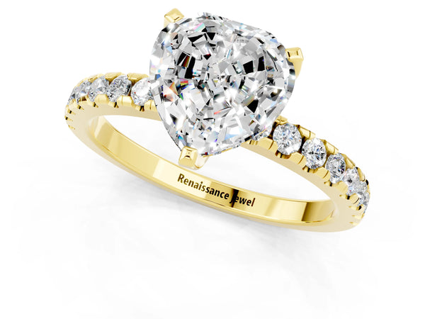 Yellow gold Heart Cut Moissanite Solitaire Ring with Round  Pavé Band and Four-Prong Setting