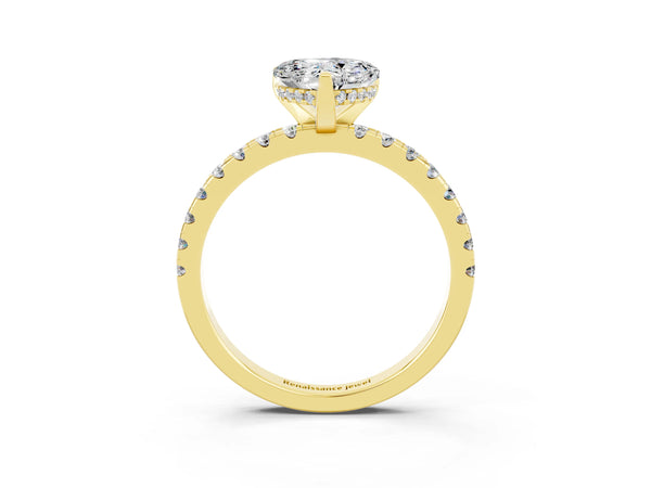Yellow gold Heart Cut Moissanite Solitaire Ring with Round  Pavé Band and Four-Prong Setting