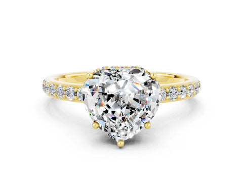 Yellow gold Heart Cut Moissanite Solitaire Ring with Pavé Band and Hidden Halo_12