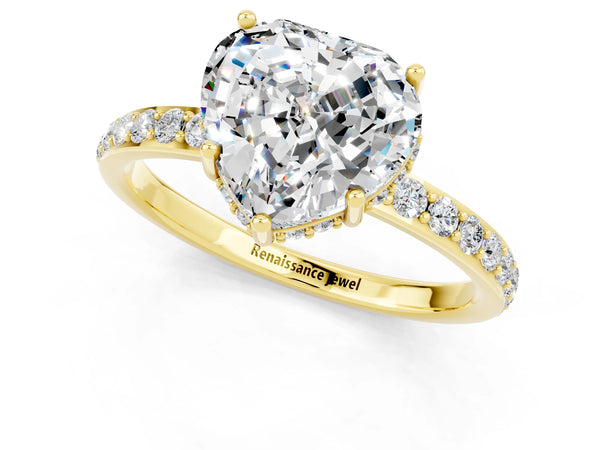 Yellow gold Heart Cut Moissanite Solitaire Ring with Pavé Band and Hidden Halo