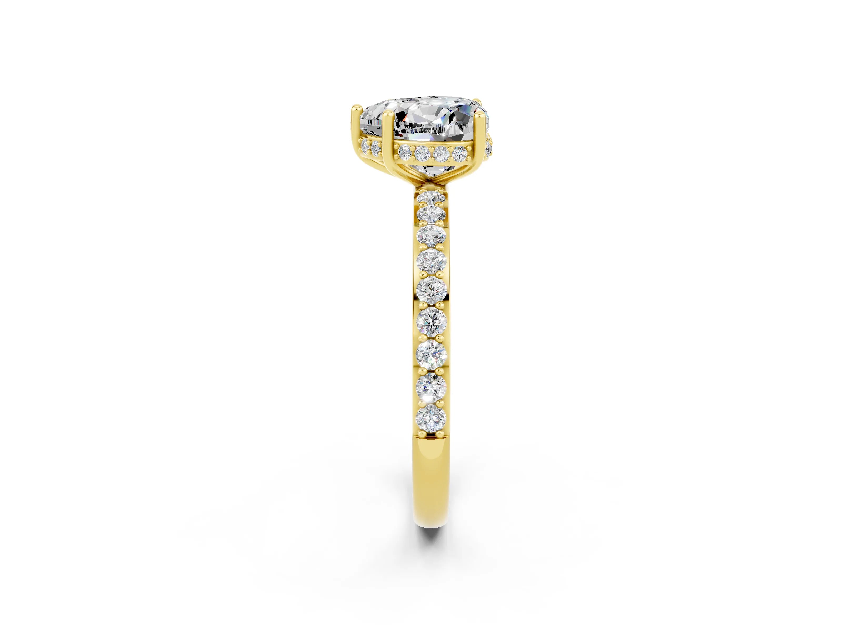 Yellow gold Heart Cut Moissanite Solitaire Ring with Pavé Band and Hidden Halo_14