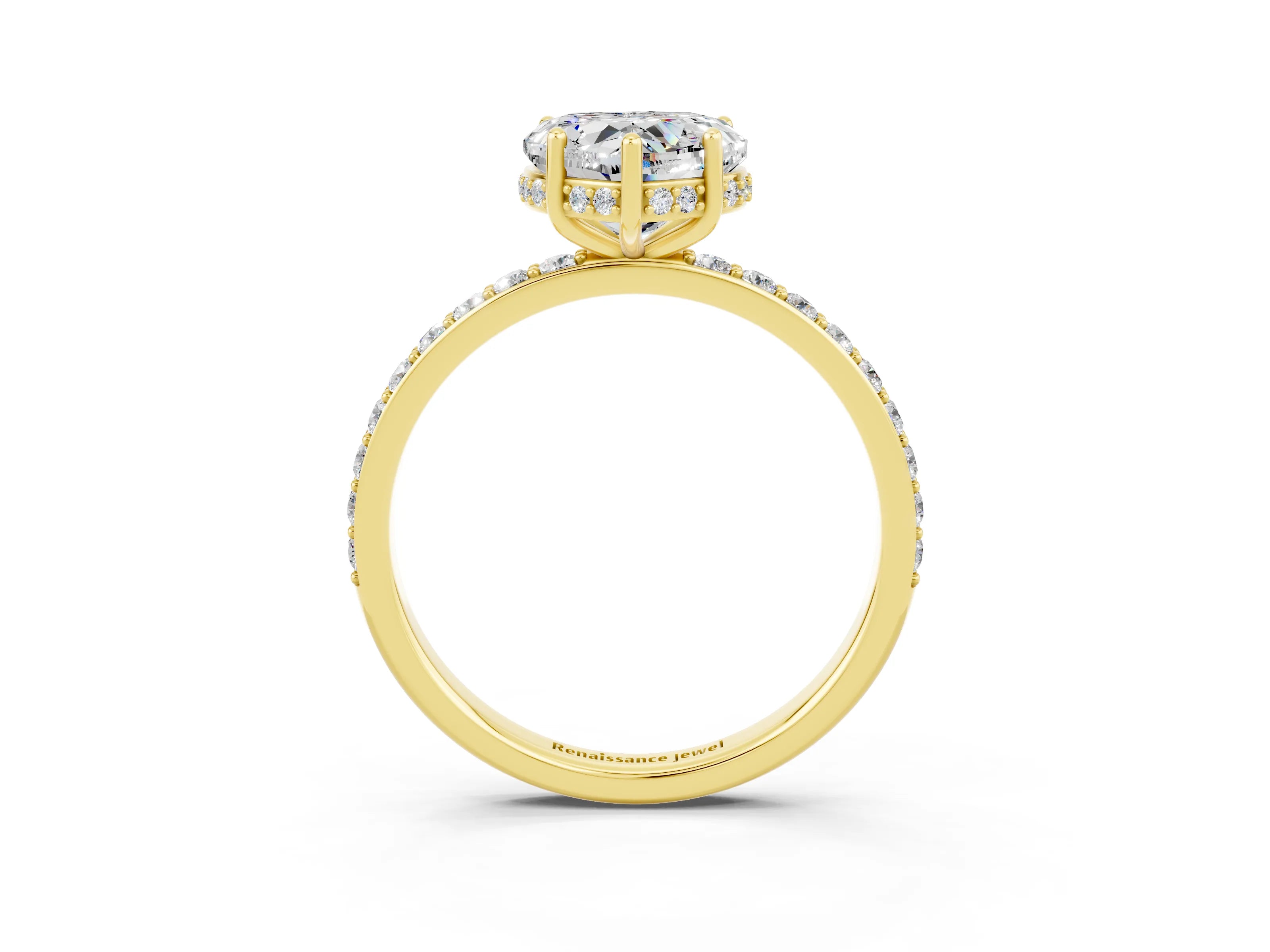 Yellow gold Heart Cut Moissanite Solitaire Ring with Pavé Band and Hidden Halo_15