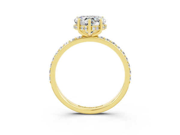 Yellow gold Heart Cut Moissanite Solitaire Ring with Pavé Band and Hidden Halo