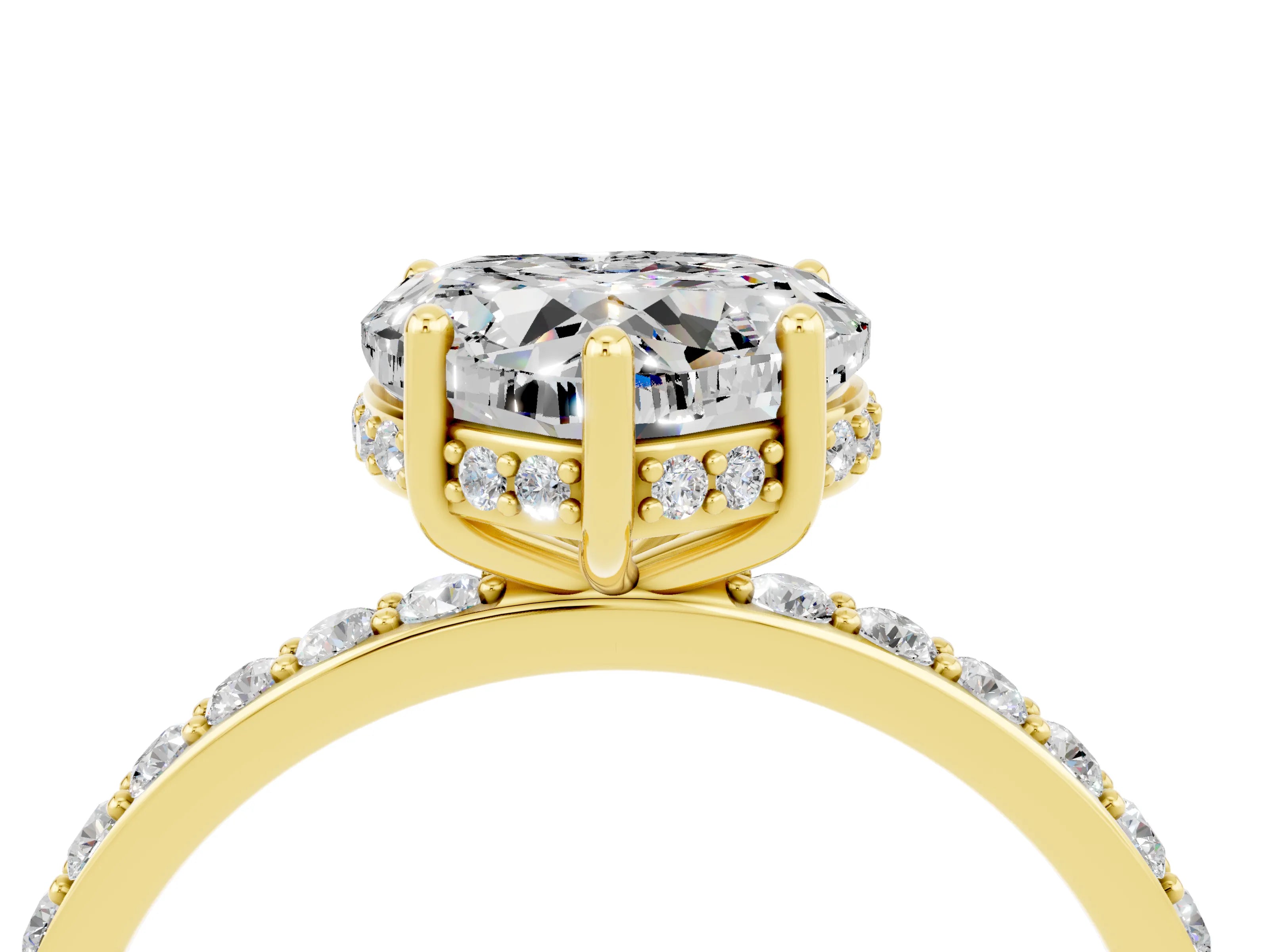 Yellow gold Heart Cut Moissanite Solitaire Ring with Pavé Band and Hidden Halo_16