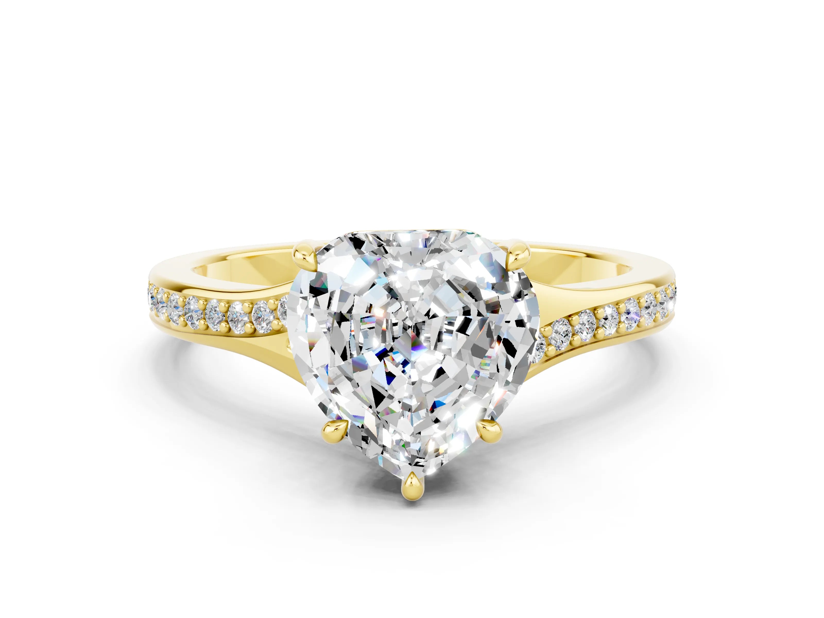 Yellow gold Heart Cut Moissanite Solitaire Ring with Pavé Band and Prong Setting