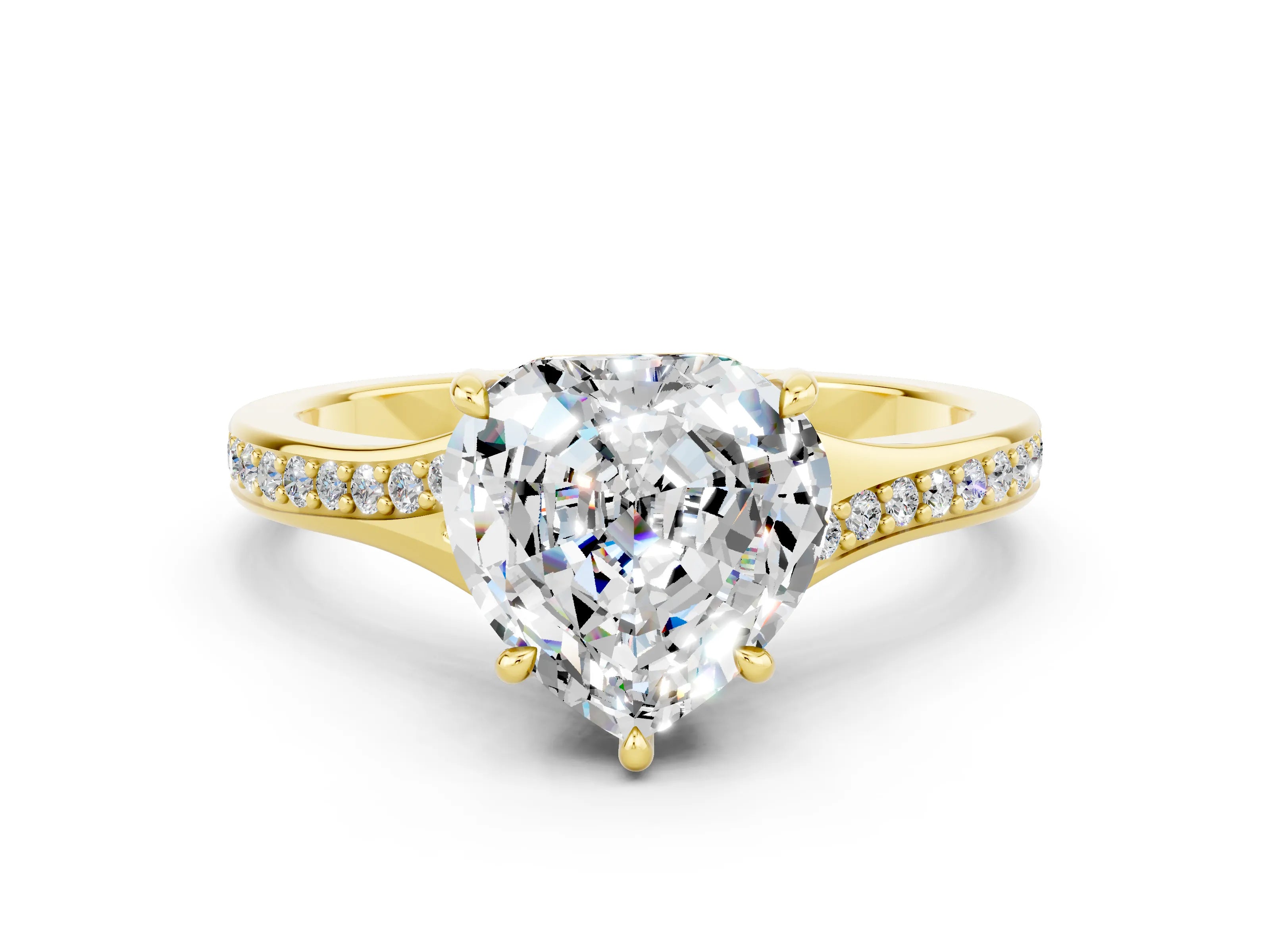Yellow gold Heart Cut Moissanite Solitaire Ring with Pavé Band and Prong Setting_12