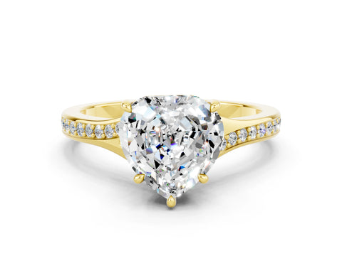 Yellow gold Heart Cut Moissanite Solitaire Ring with Pavé Band and Prong Setting