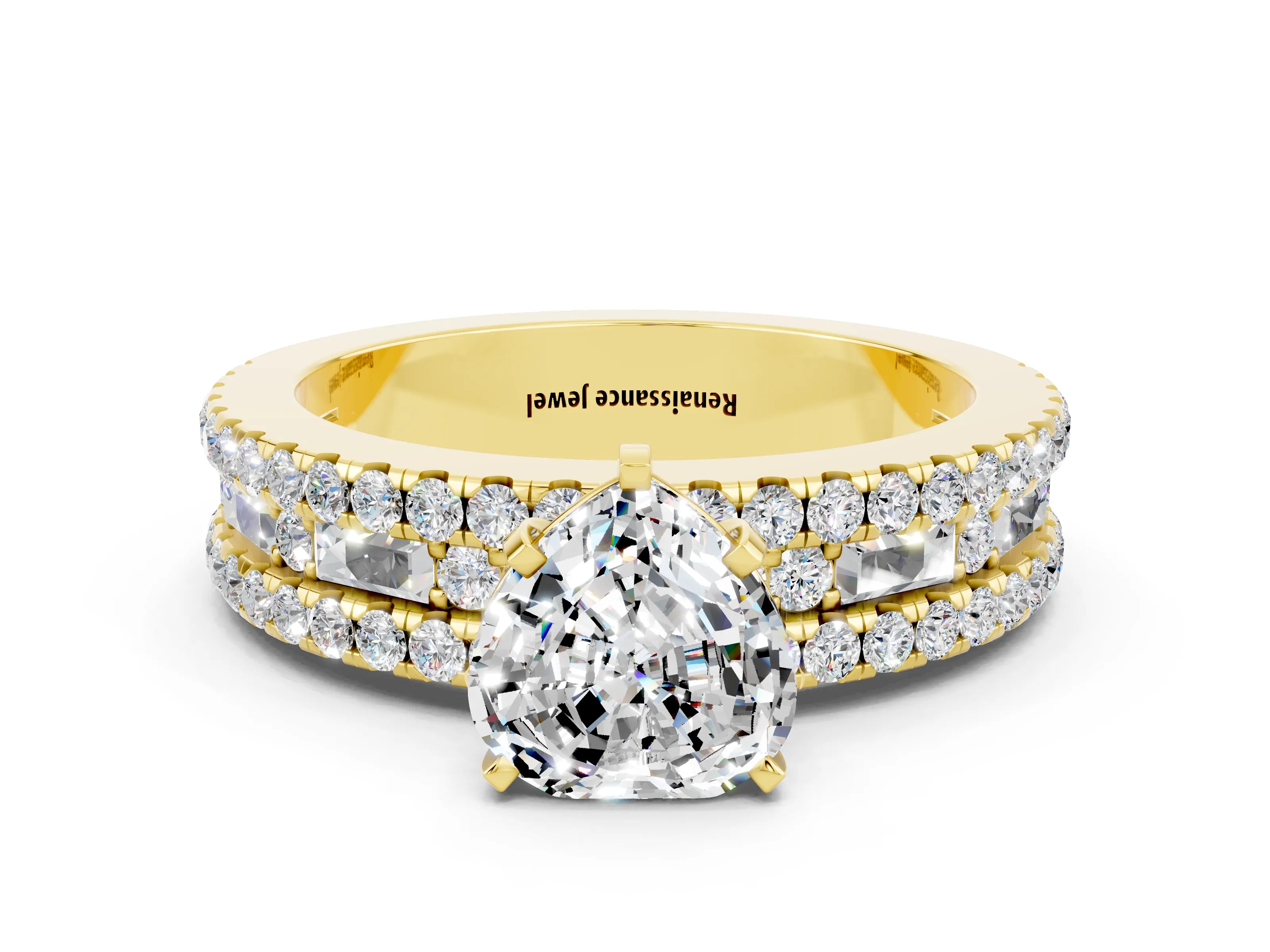 Yellow gold Heart Cut Moissanite Solitaire Ring with Pavé and Channel Set Band