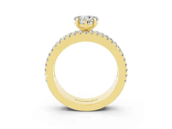 Yellow gold Heart Cut Moissanite Solitaire Ring with Pavé and Channel Set Band