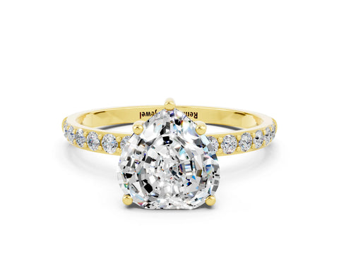 Yellow gold Heart Cut Moissanite Solitaire Ring with Pave Band and Four Prong Setting_12