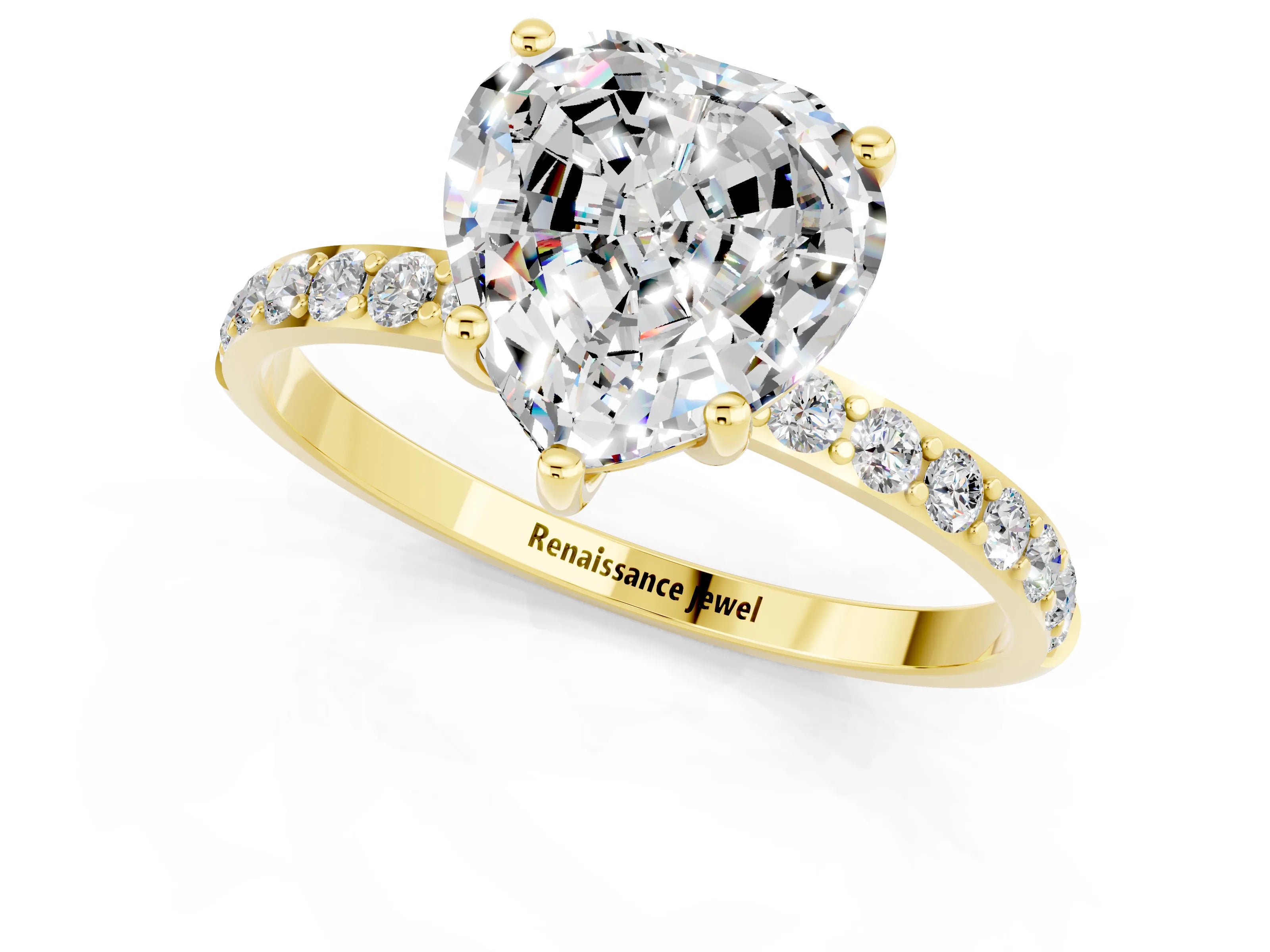 Yellow gold Heart Cut Moissanite Solitaire Ring with Pave Band and Four Prong Setting_13