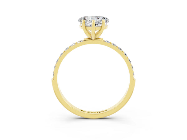 Yellow gold Heart Cut Moissanite Solitaire Ring with Round  Pavé Band and Prong Setting