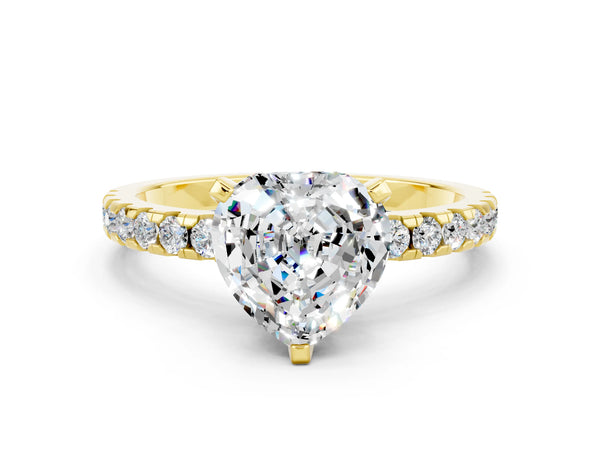 Yellow gold Heart Cut Moissanite Solitaire Ring with Round Pavé Band and Four-Prong Setting
