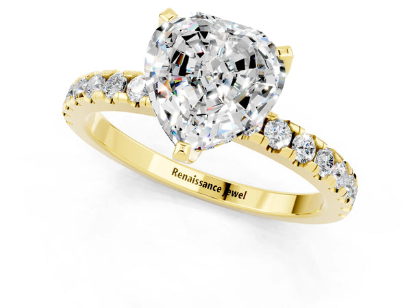 Yellow gold Heart Cut Moissanite Solitaire Ring with Round Pavé Band and Four-Prong Setting
