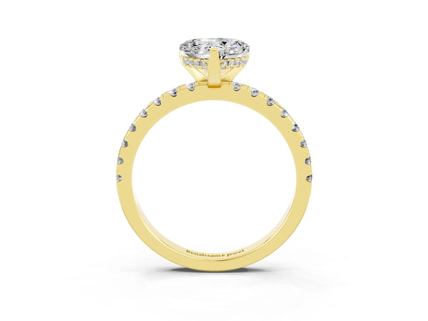 Yellow gold Heart Cut Moissanite Solitaire Ring with Round Pavé Band and Four-Prong Setting