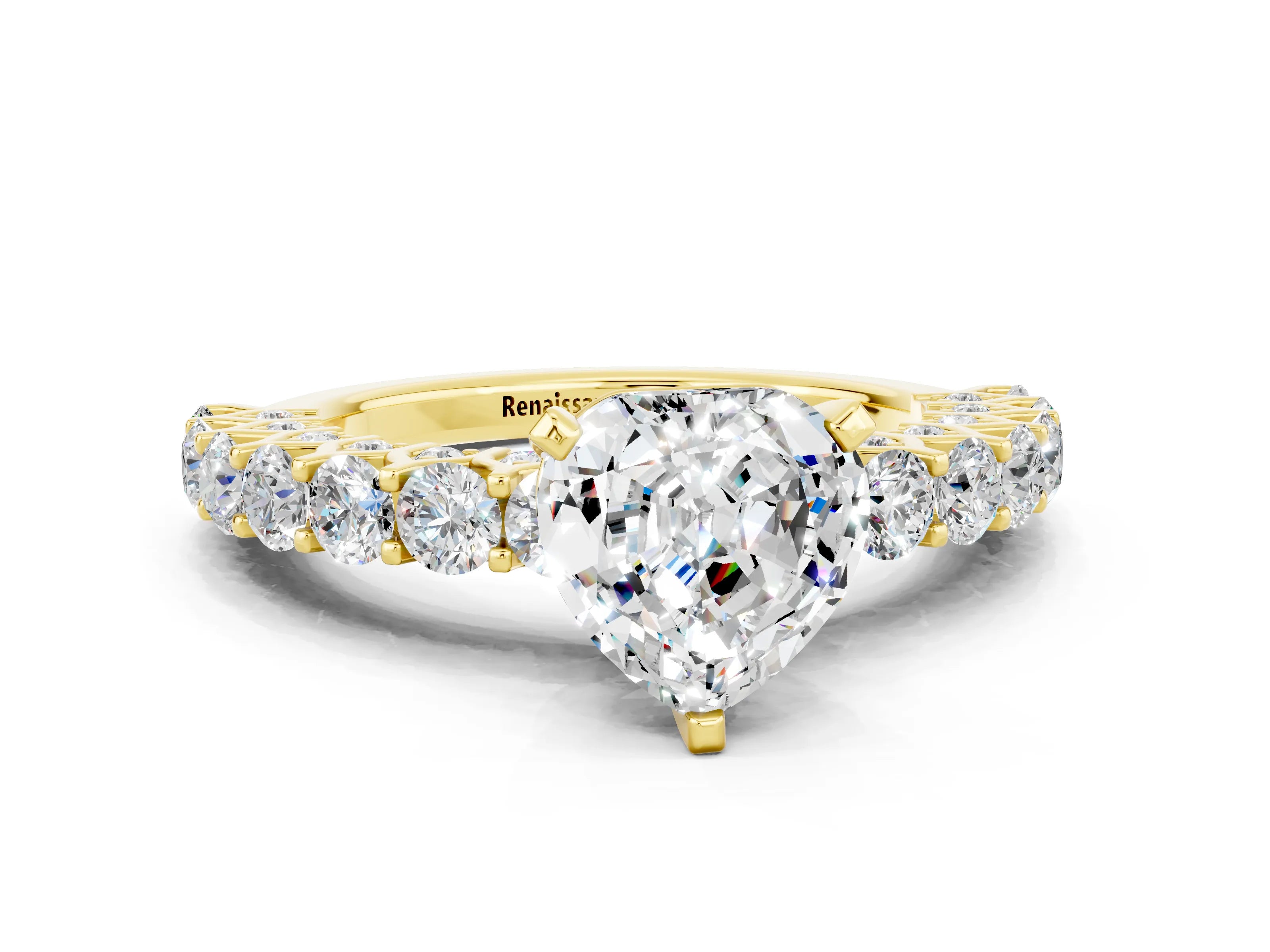 Yellow gold Heart Cut Moissanite Solitaire Ring with Shared Prong Pavé Band and Four-Prong Setting_12