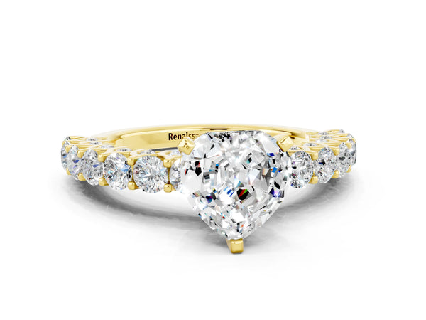 Yellow gold Heart Cut Moissanite Solitaire Ring with Shared Prong Pavé Band and Four-Prong Setting