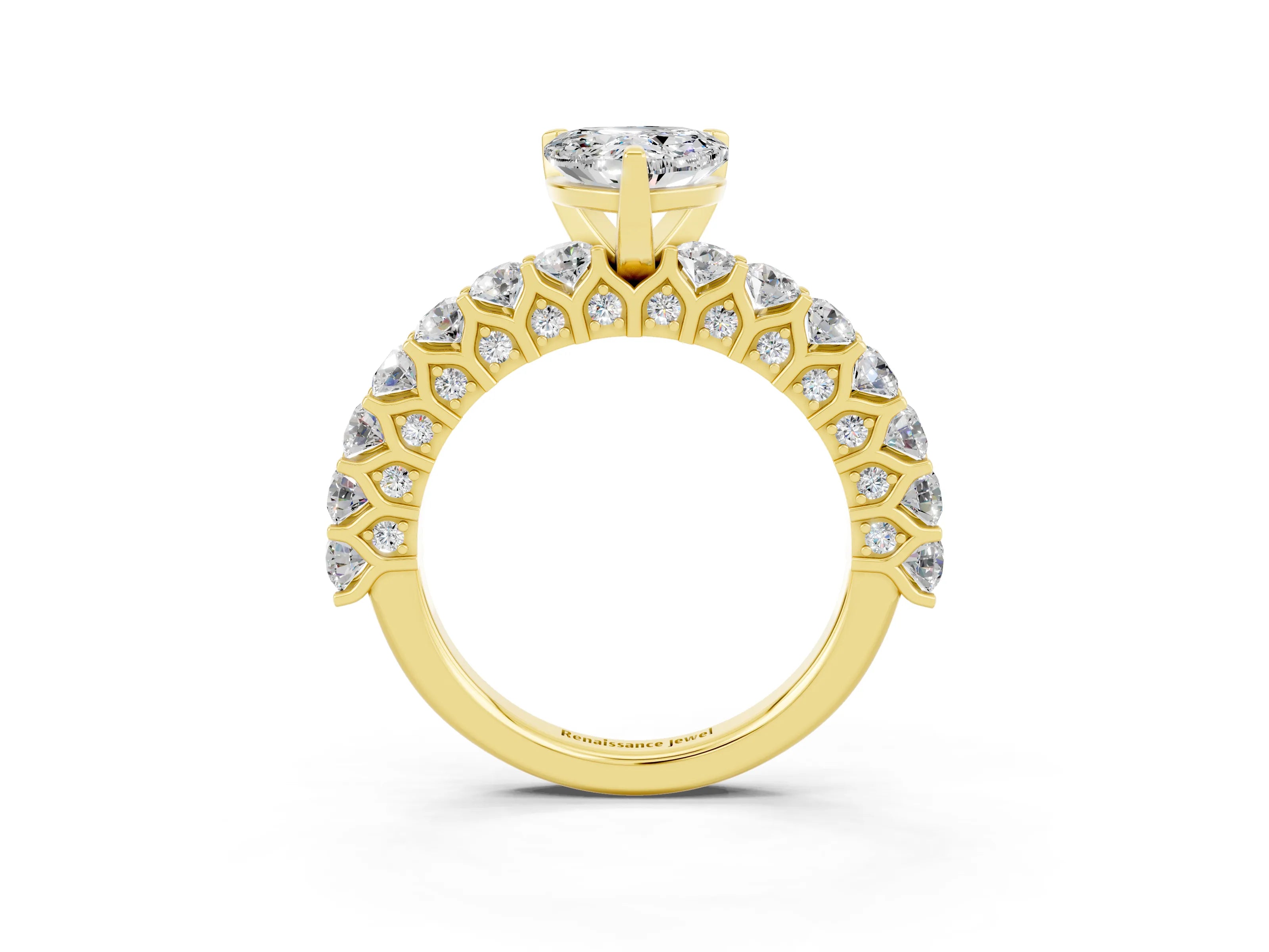 Yellow gold Heart Cut Moissanite Solitaire Ring with Shared Prong Pavé Band and Four-Prong Setting_15