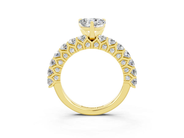 Yellow gold Heart Cut Moissanite Solitaire Ring with Shared Prong Pavé Band and Four-Prong Setting