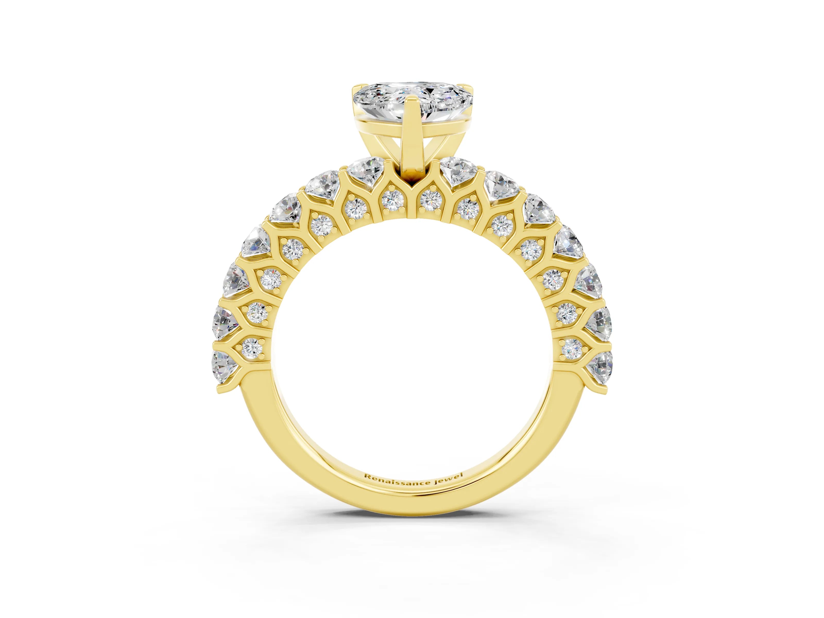 Yellow gold Heart Cut Moissanite Solitaire Ring with Shared Prong Pavé Band and Four-Prong Setting_3