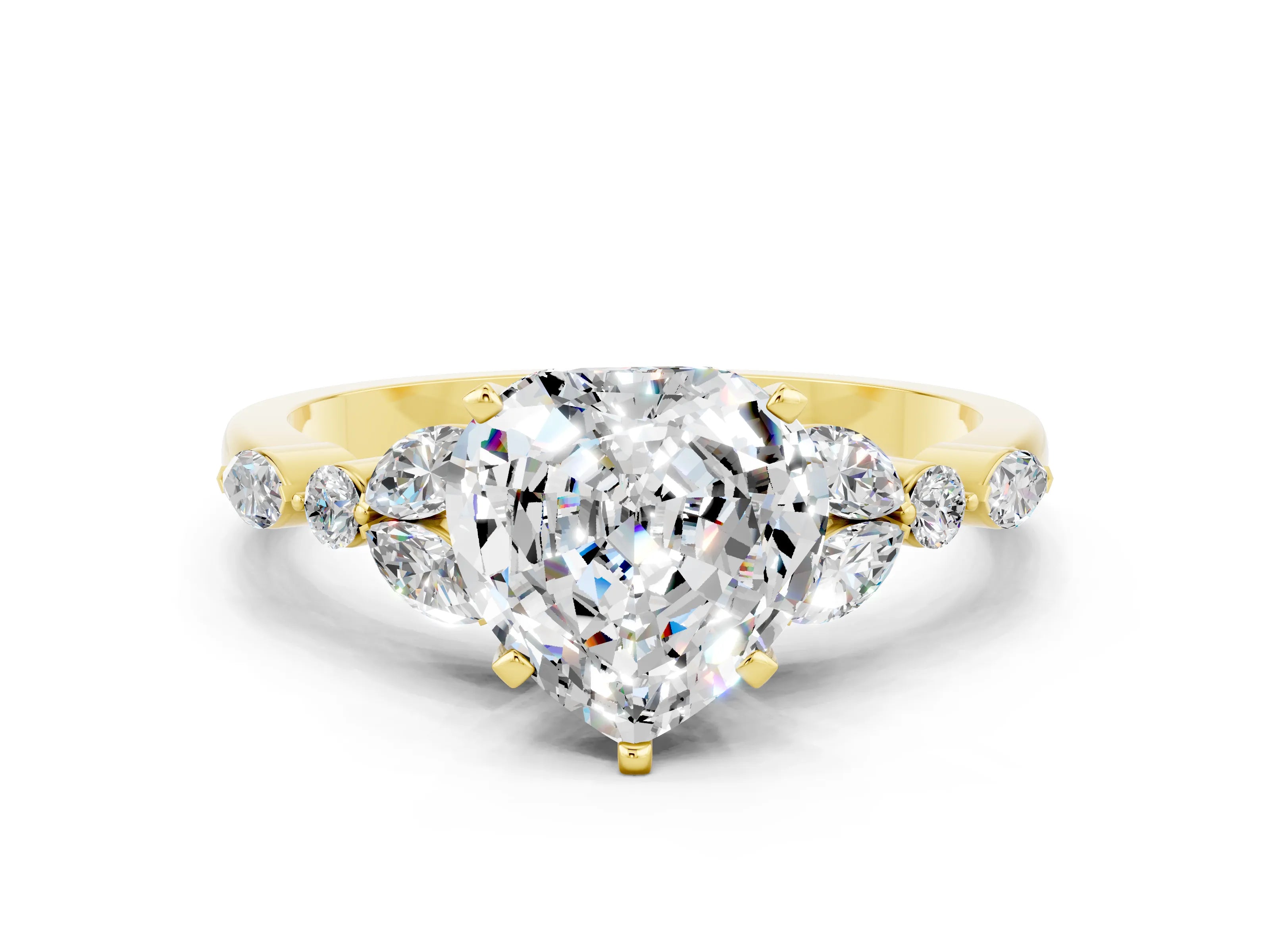 Yellow gold Heart Cut Moissanite Solitaire Ring with Side Stones and Four-Prong Setting_12