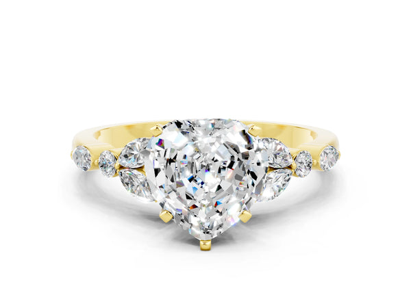 Yellow gold Heart Cut Moissanite Solitaire Ring with Side Stones and Four-Prong Setting