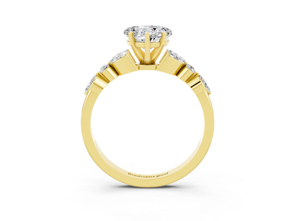 Yellow gold Heart Cut Moissanite Solitaire Ring with Side Stones and Four-Prong Setting