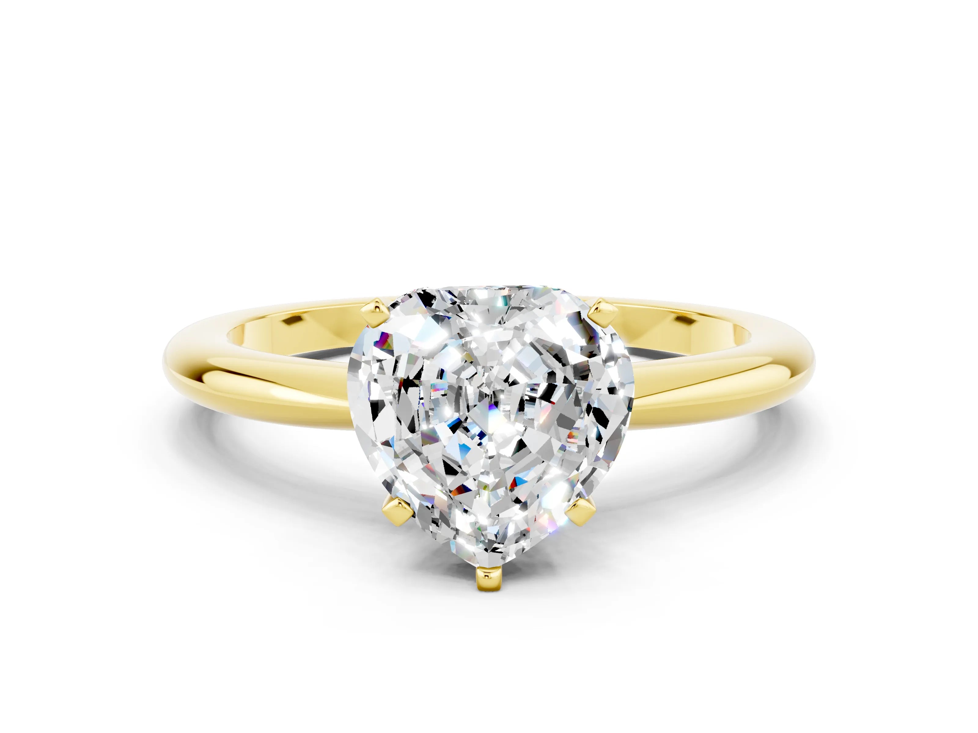 Yellow gold Heart Cut Moissanite Solitaire Ring with Six-Prong Setting and Classic Band