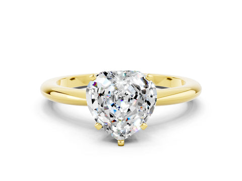 Yellow gold Heart Cut Moissanite Solitaire Ring with Six-Prong Setting and Classic Band