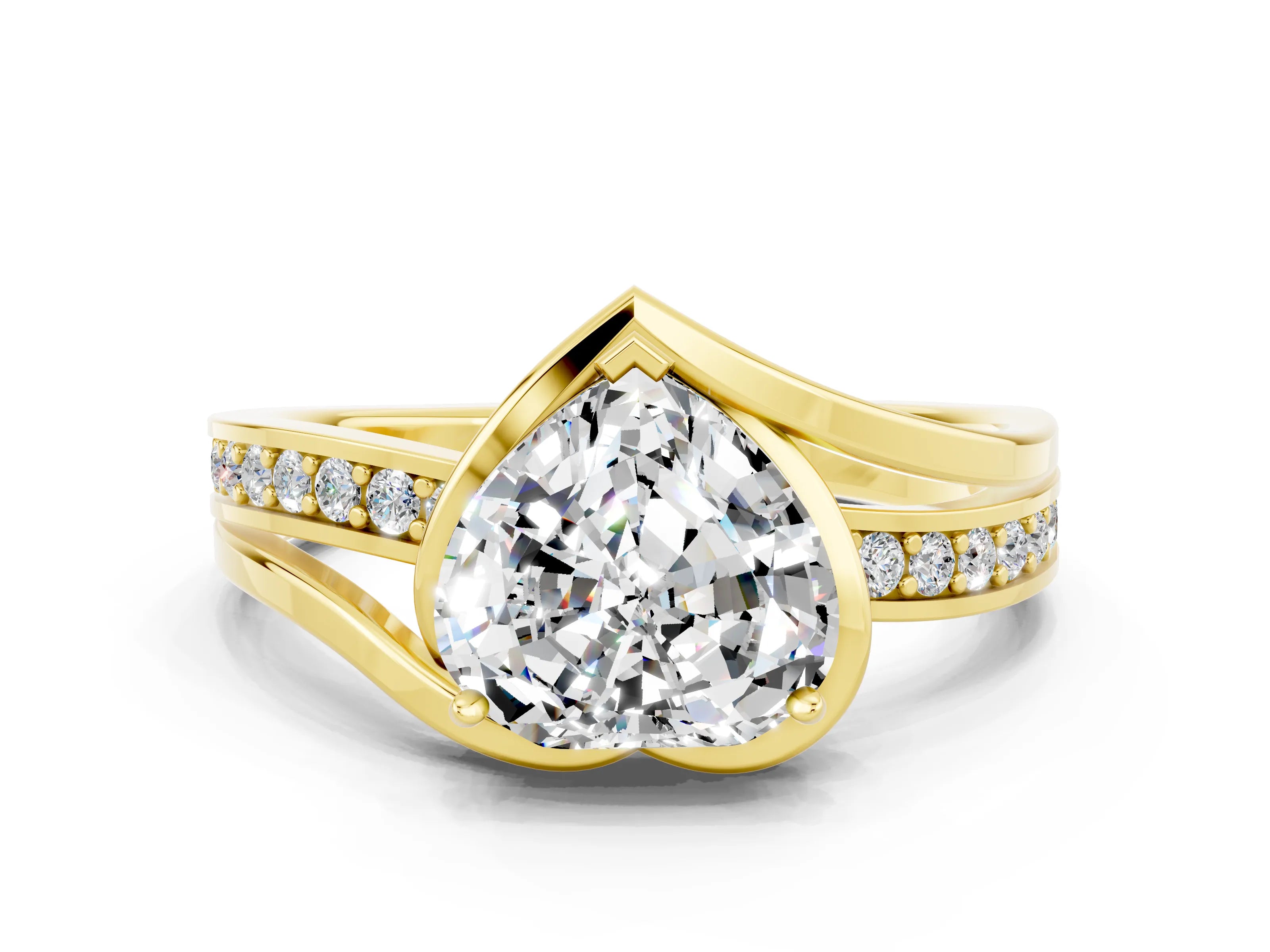 Yellow gold Heart Cut Moissanite Solitaire Ring with Split Shank and Prong Setting