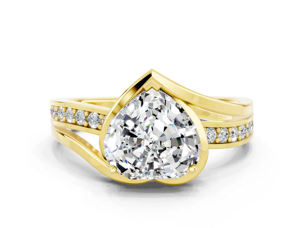 Yellow gold Heart Cut Moissanite Solitaire Ring with Split Shank and Prong Setting