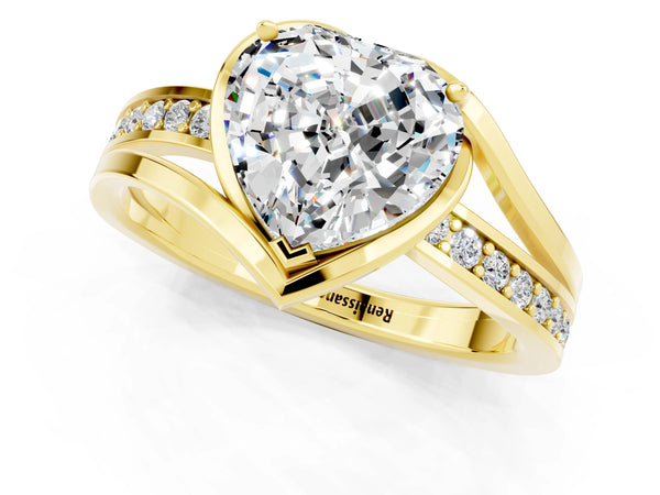 Yellow gold Heart Cut Moissanite Solitaire Ring with Split Shank and Prong Setting