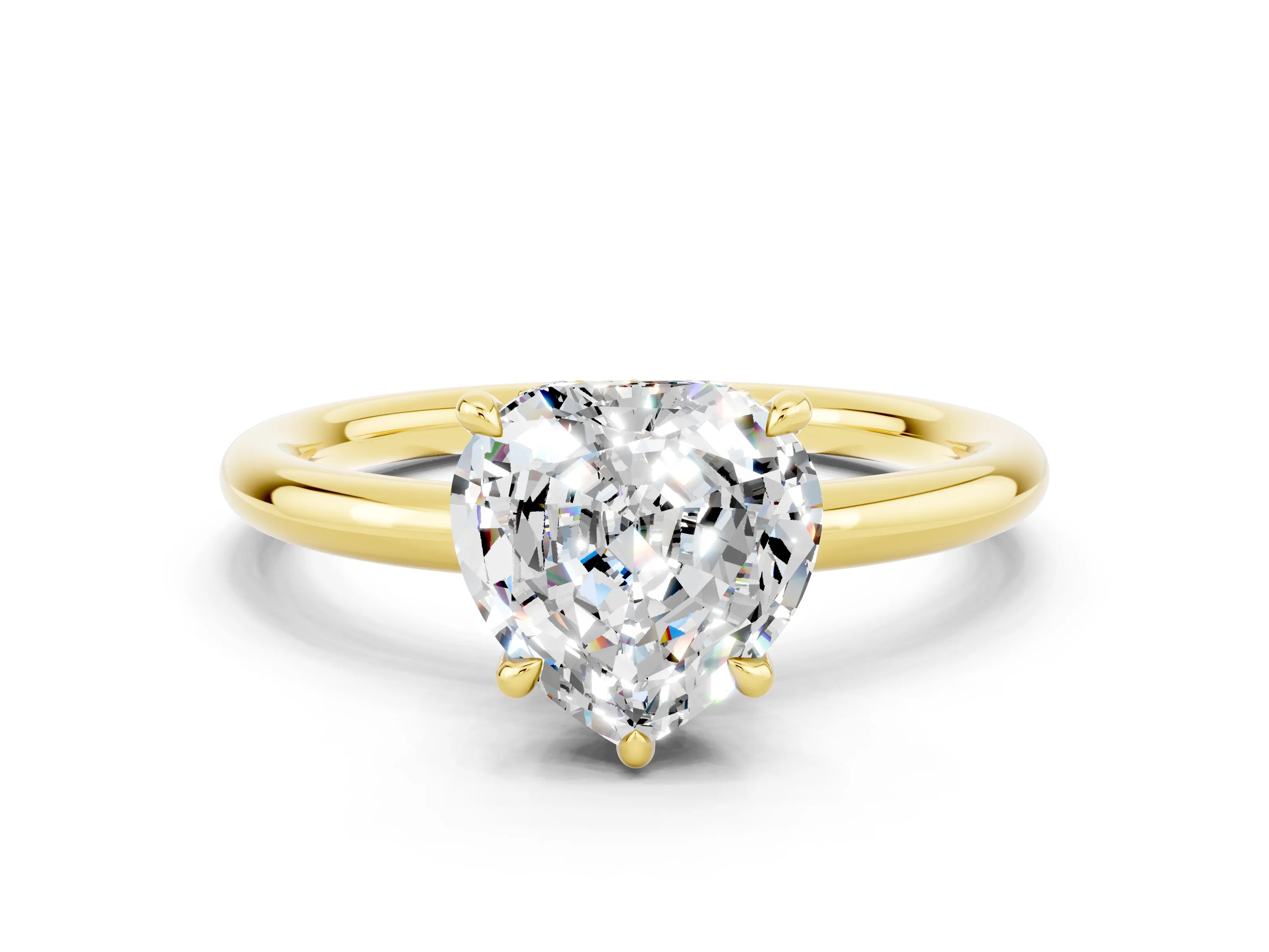 Yellow gold Heart Cut Moissanite Solitaire Ring with Thin Band and Four-Prong Setting