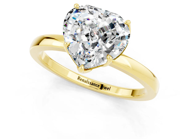 Yellow gold Heart Cut Moissanite Solitaire Ring with Thin Band and Prong Setting