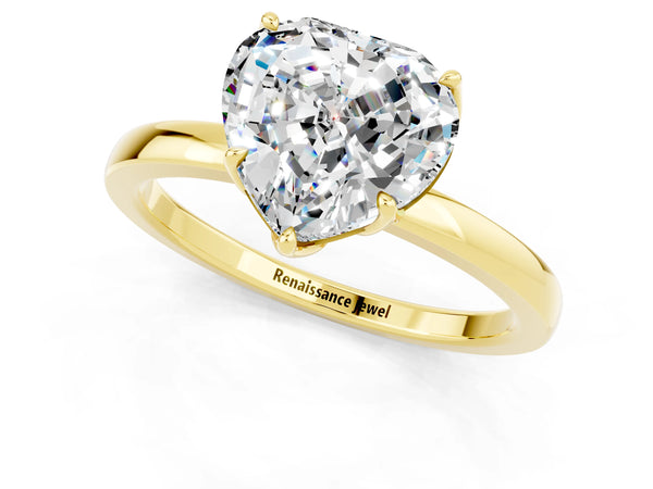 Yellow gold Heart Cut Moissanite Solitaire Ring with Thin Band and Prong Setting